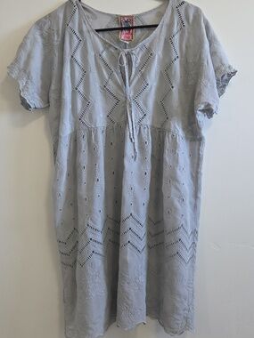 Johnny Was Light Gray Eyelet Tie-Front Boho Dress